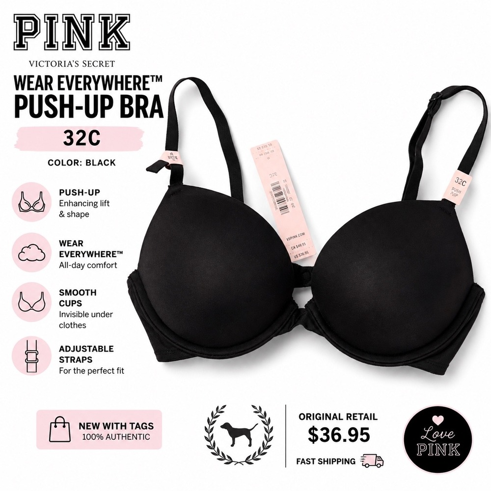 PINK Victoria's Secret Black Wear Everywhere Push-Up Bra 32C
